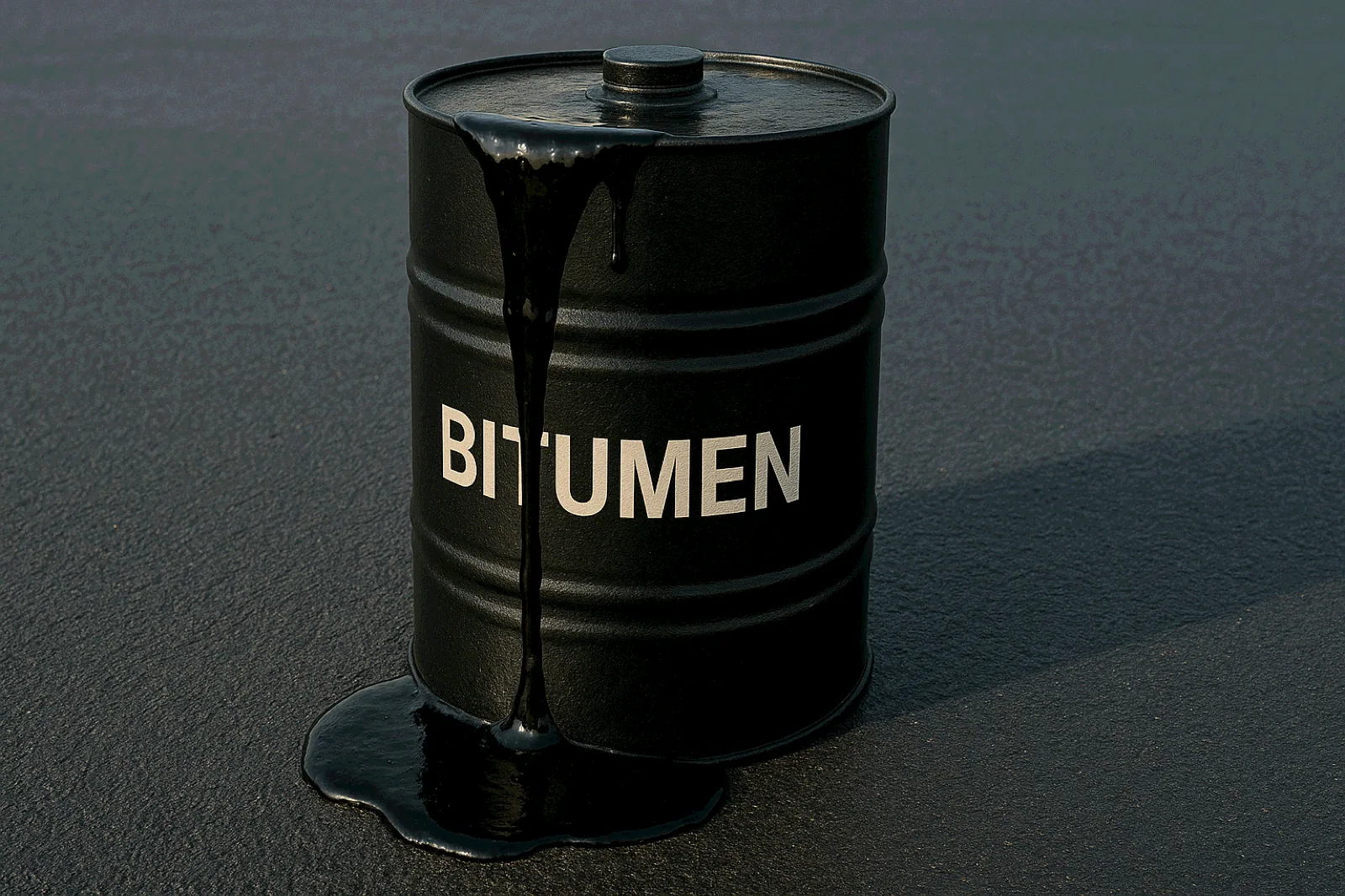 Bitumen pouring from a drum onto fresh asphalt