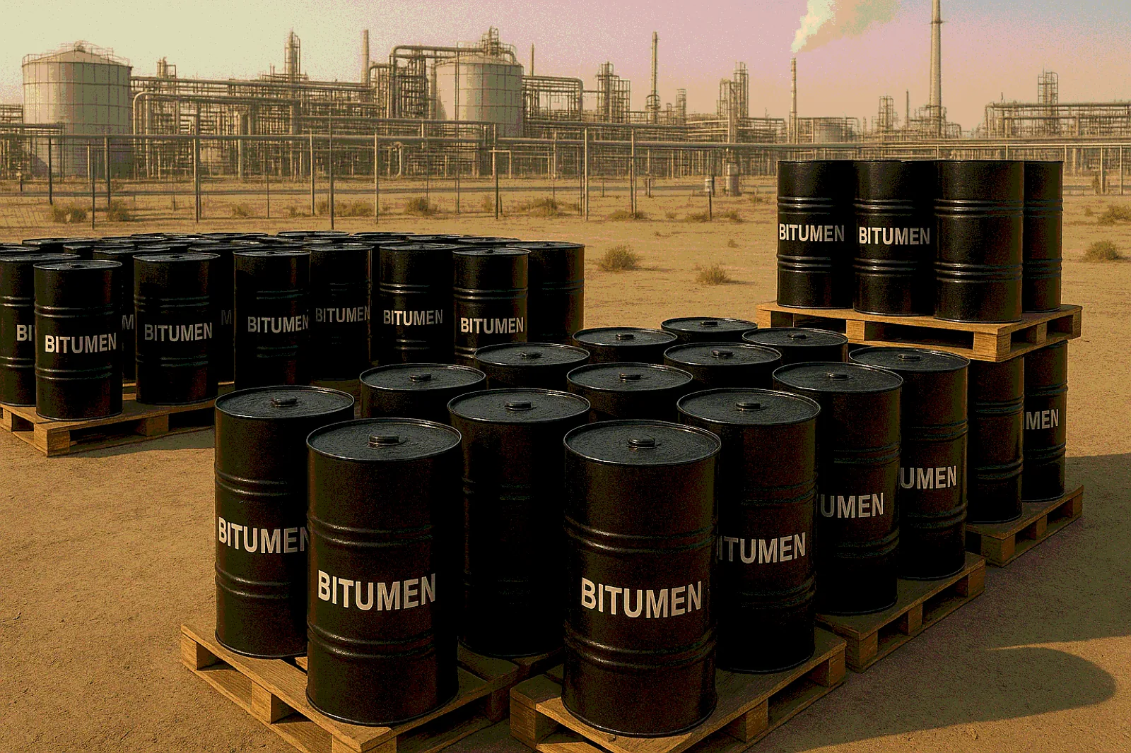 Rows of black bitumen drums stacked on pallets at a refinery yard