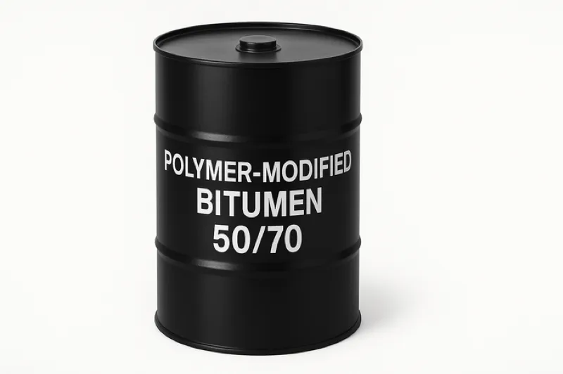 Sealed steel drum labelled polymer-modified bitumen 50/70