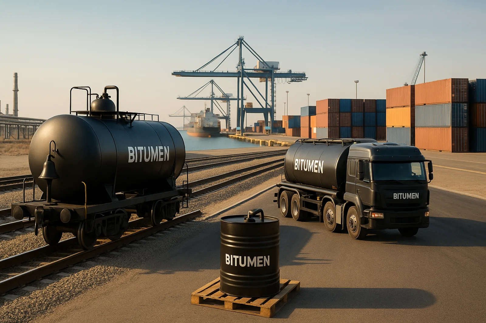 Rail tank car and road tanker marked BITUMEN at a container port